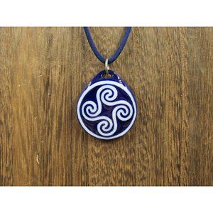 16" Sterling Silver & Blue Cord Swirling Glass Pendant Necklace Vintage
